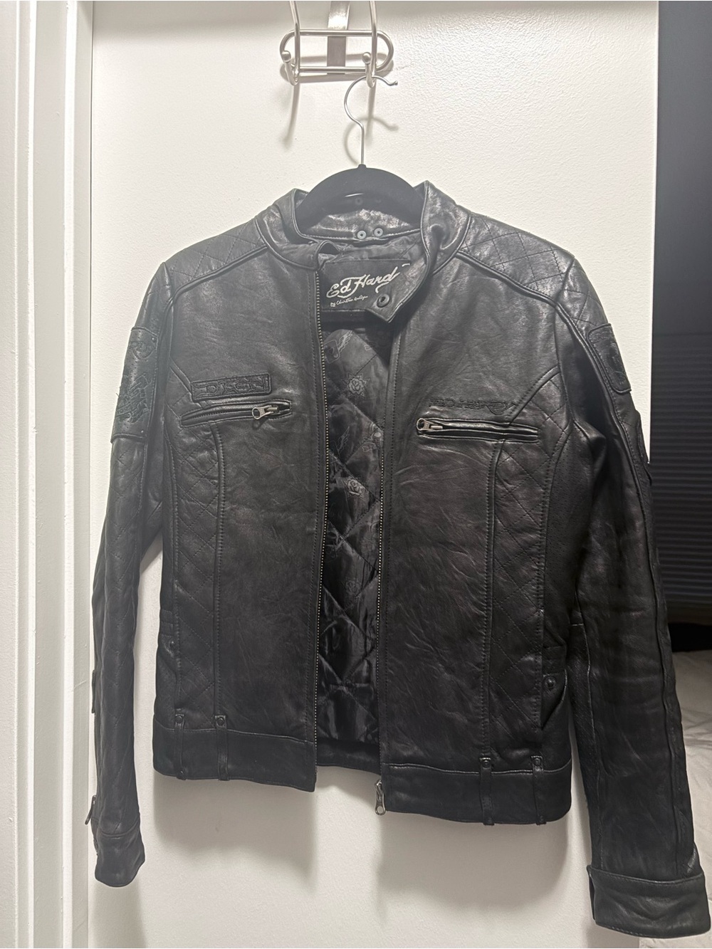 Ed Hardy Black Leather Jacket with Silver Hardware